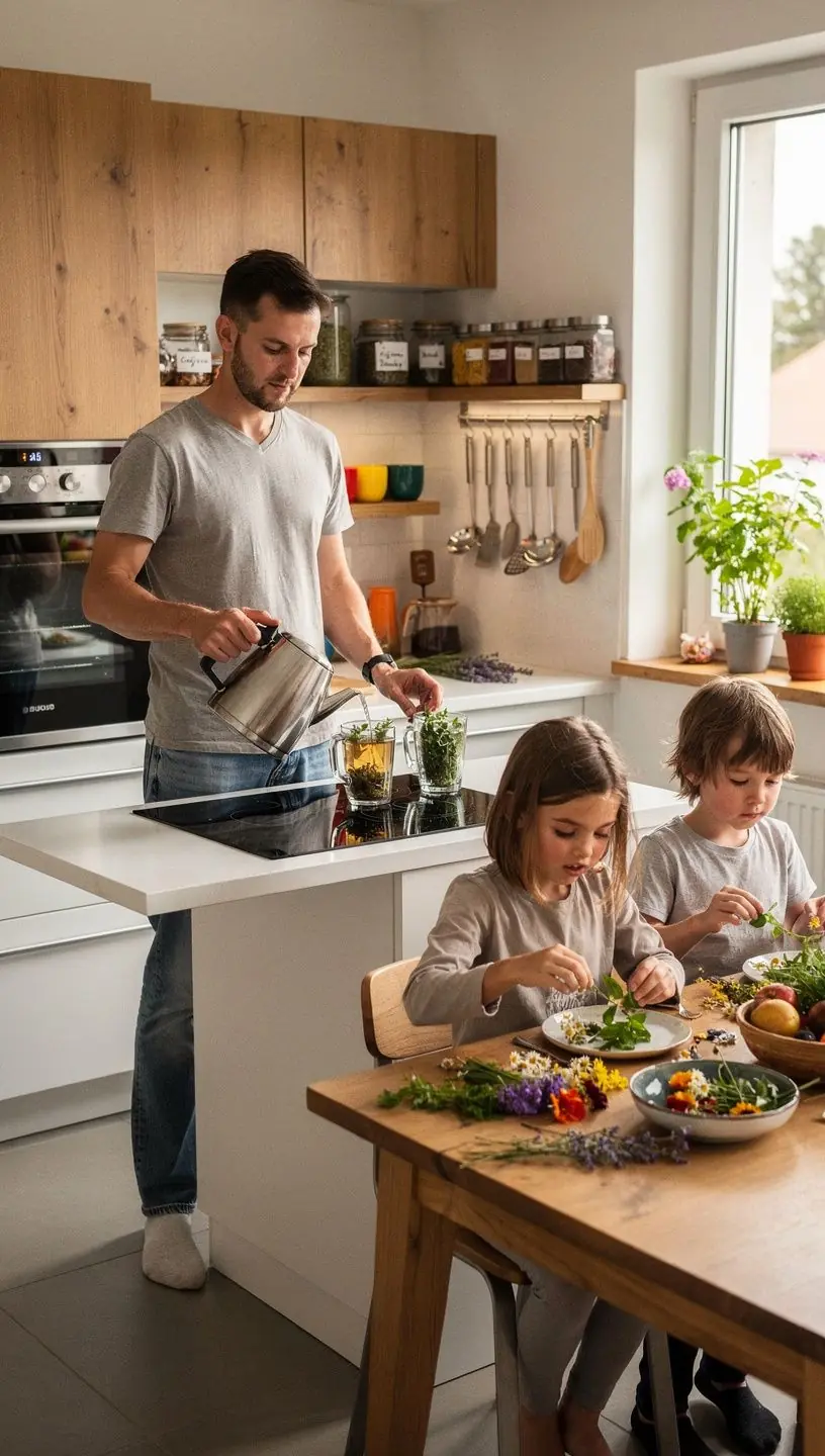 Osoba vychutnávajúca si bylinkový čaj pri západe slnka na terase