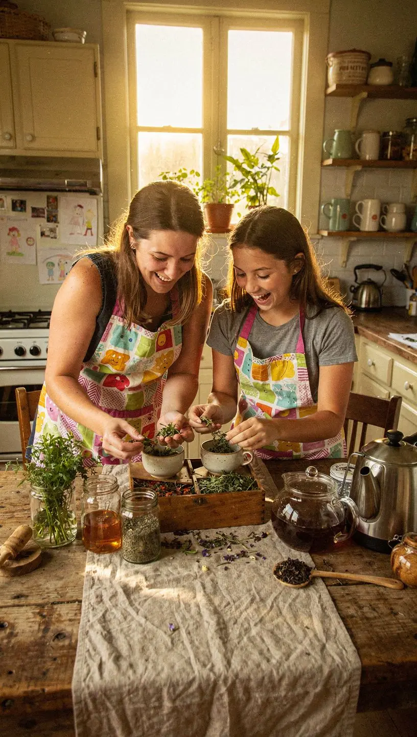 Zelený čaj s bylinkami v prírodnej šálke na drevenom stole